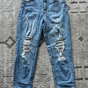 High Waisted Size 6 Distressed Blue Denim Jeans | Ripped Knee Detail